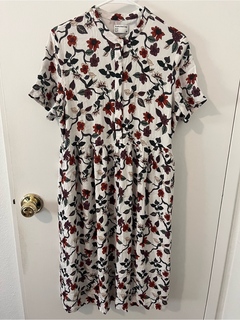 Frank and Oak Floral Babydoll Midi Dress Snow White Colorway Button Front Small